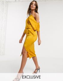 Flounce London drape off shoulder midi dress in golden yellow   ASOS at Asos